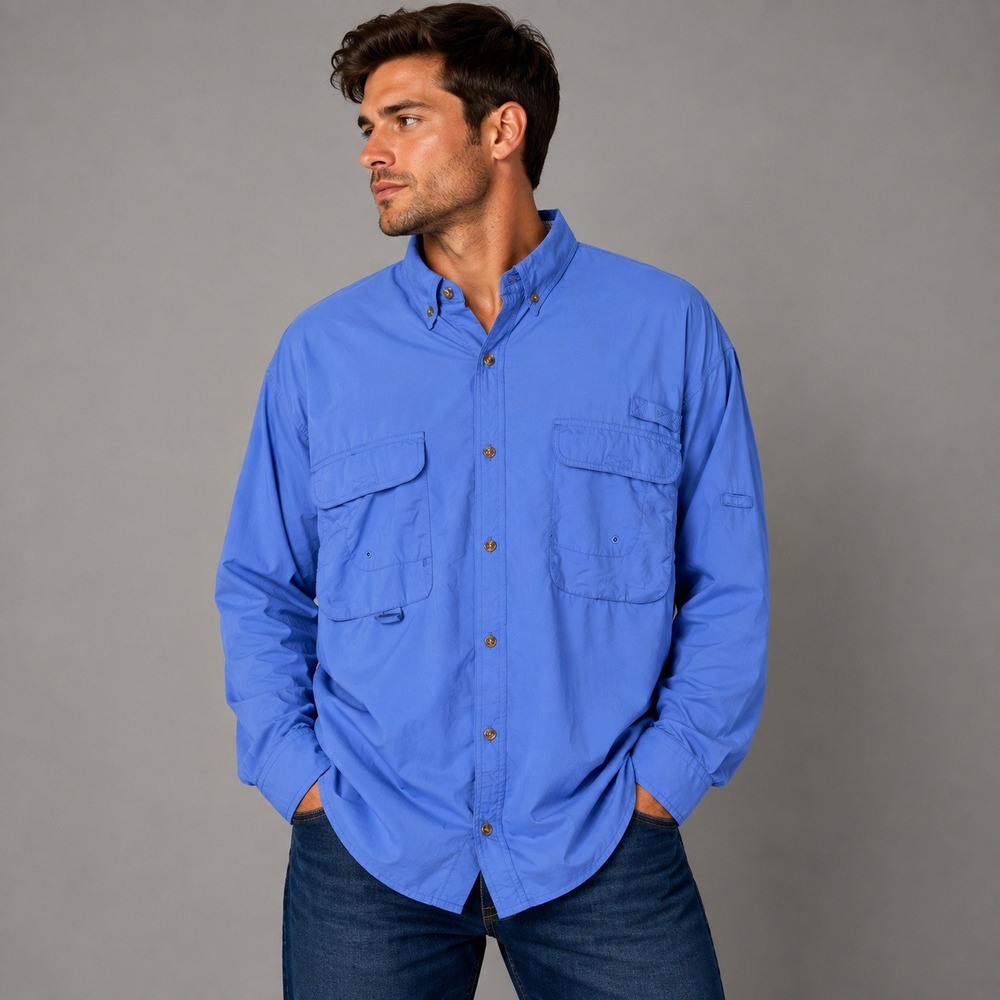 Redington Mens XL Blue Long Sleeve Vented Fishing Shirt Button Down Utility